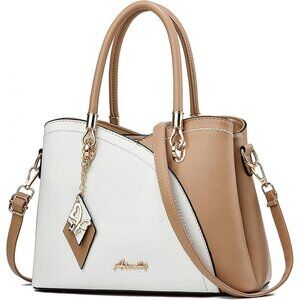 Women’s Tp White Khaki PU Leather Tote Satchel | Crossbody Shoulder Handbag
